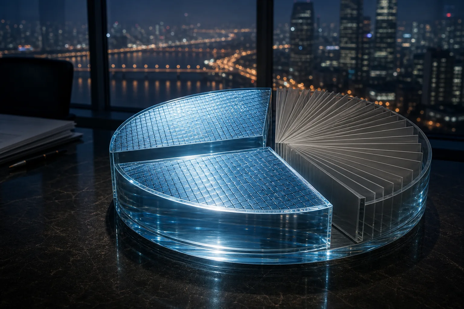 Glowing semiconductor wafer slices dominate a glass KOSPI pie chart while smaller grey sectors crowd the rim, Han River skyline blurred beyond