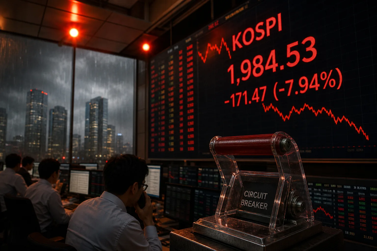 Seoul dealing-room boards flash deep red as a translucent circuit-breaker switch hangs mid-throw under amber emergency light