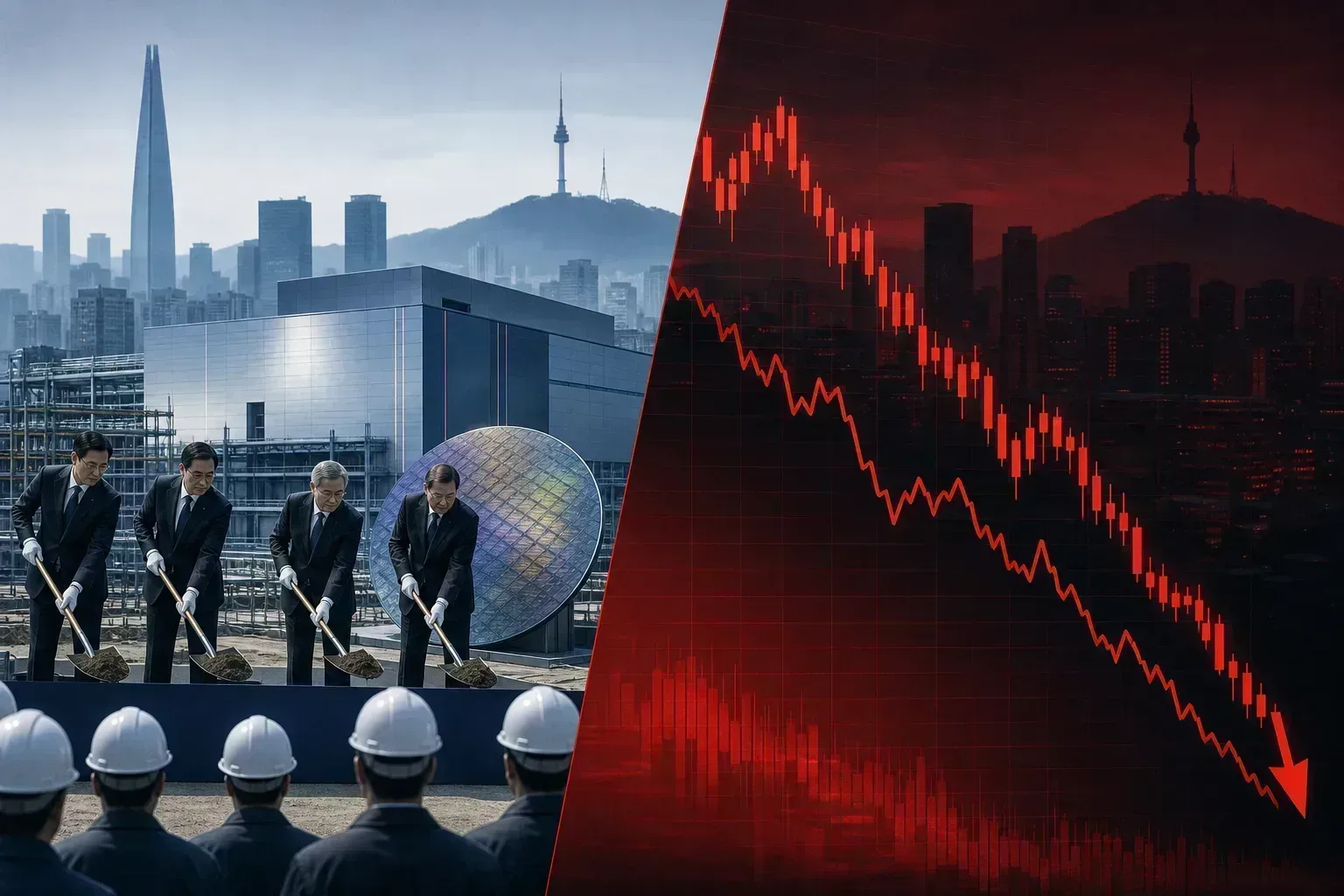 Split illustration of a semiconductor groundbreaking ceremony contrasted with a declining stock market chart and Seoul skyline