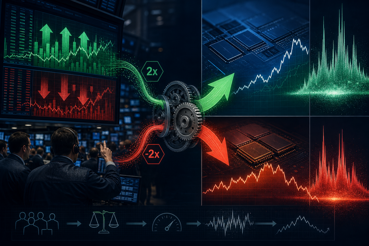 Illustration of leveraged ETF rebalancing mechanics amplifying semiconductor stock volatility