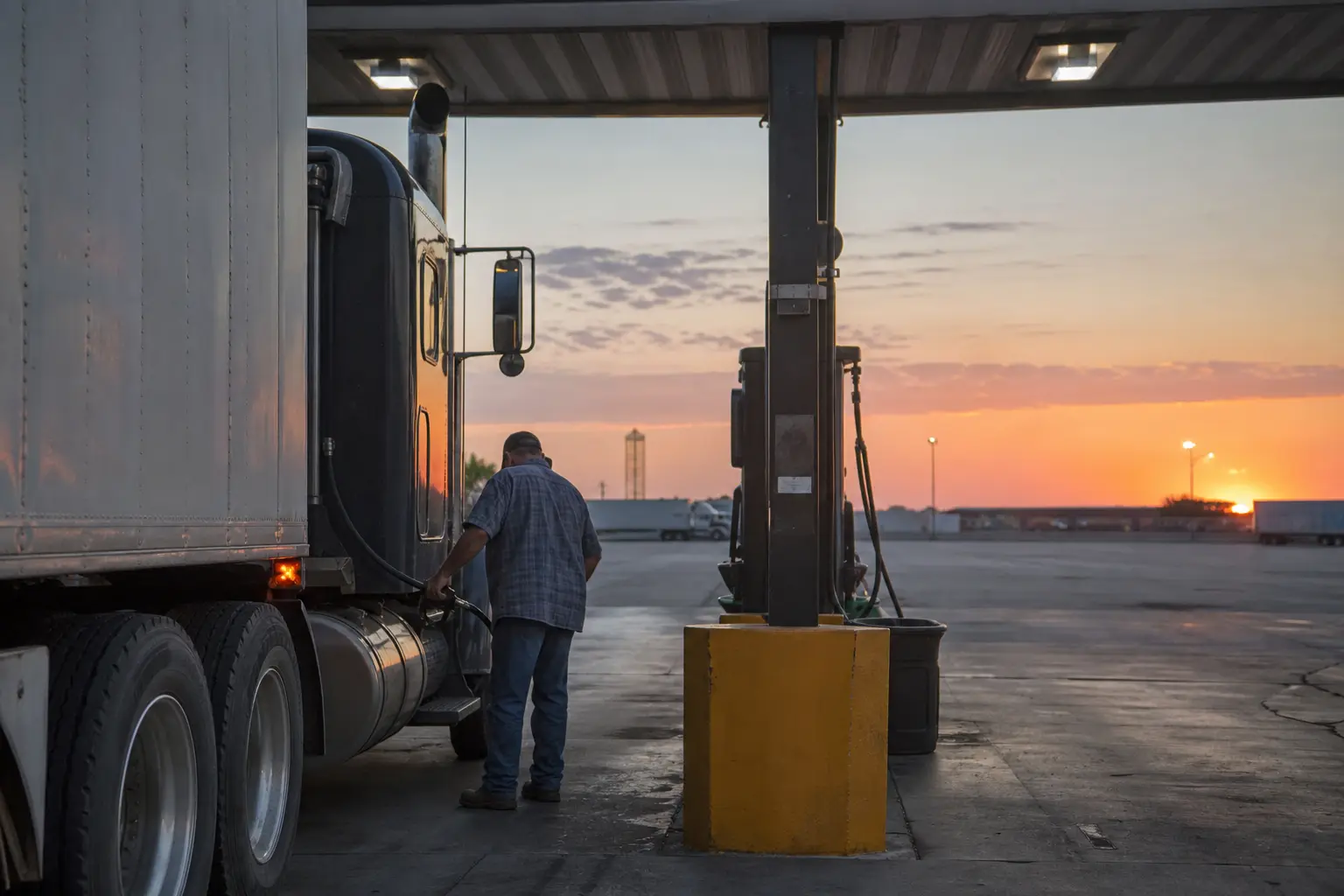 A long-haul driver filling diesel at a nearly empty Labor Day truck stop under a fluorescent canopy