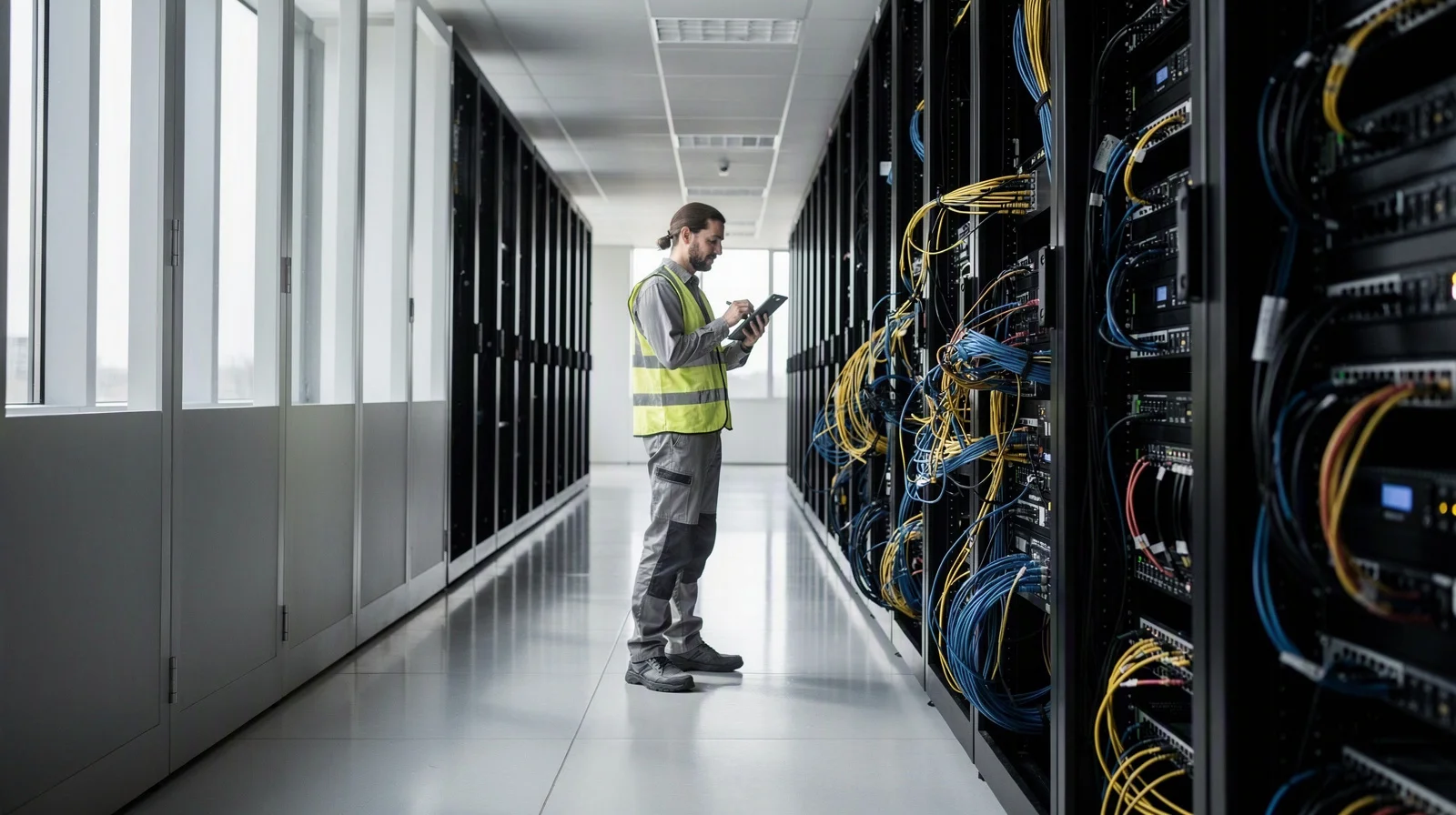A facilities technician walks through a quiet fiber-optic data-center corridor