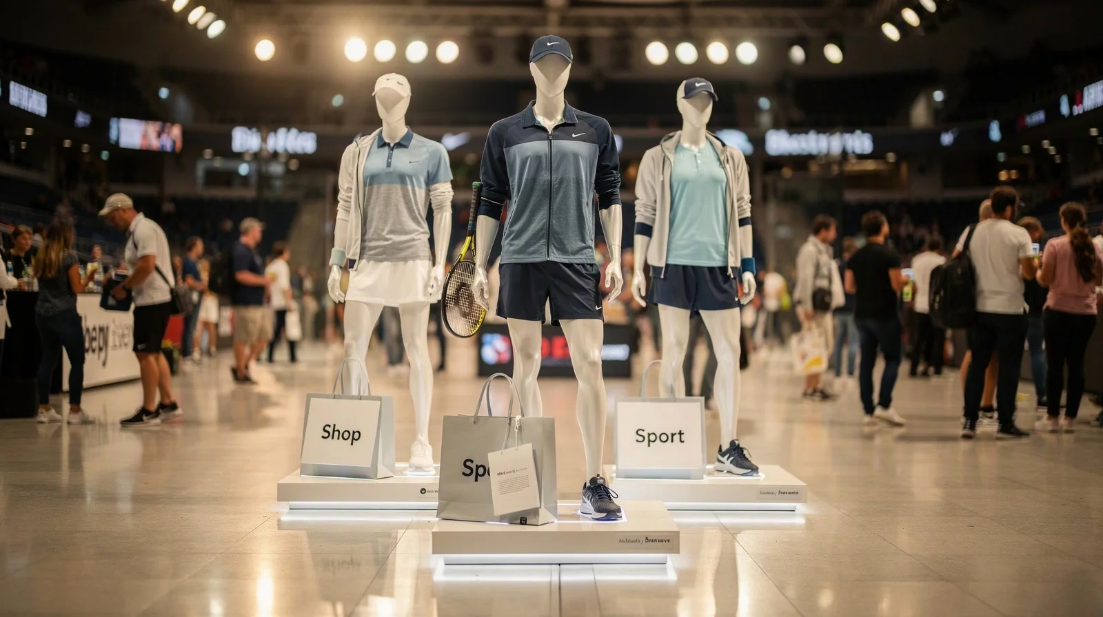 Arena concourse with tennis apparel on mannequins and shopping bags, soft crowd blur