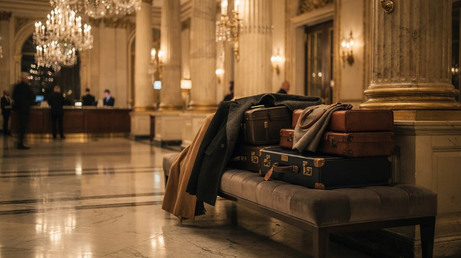 Grand London hotel lobby with luggage and evening coats on a bench, marble floor and warm chandeliers
