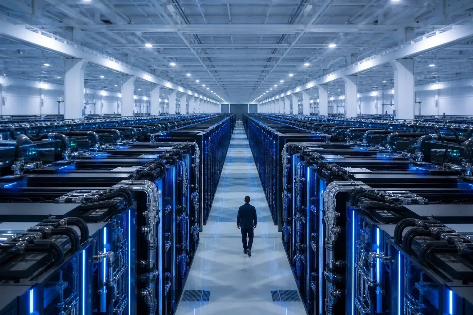 Vast supercomputer hall with rows of liquid-cooled racks and blue ambient lighting at a Chinese national computing center