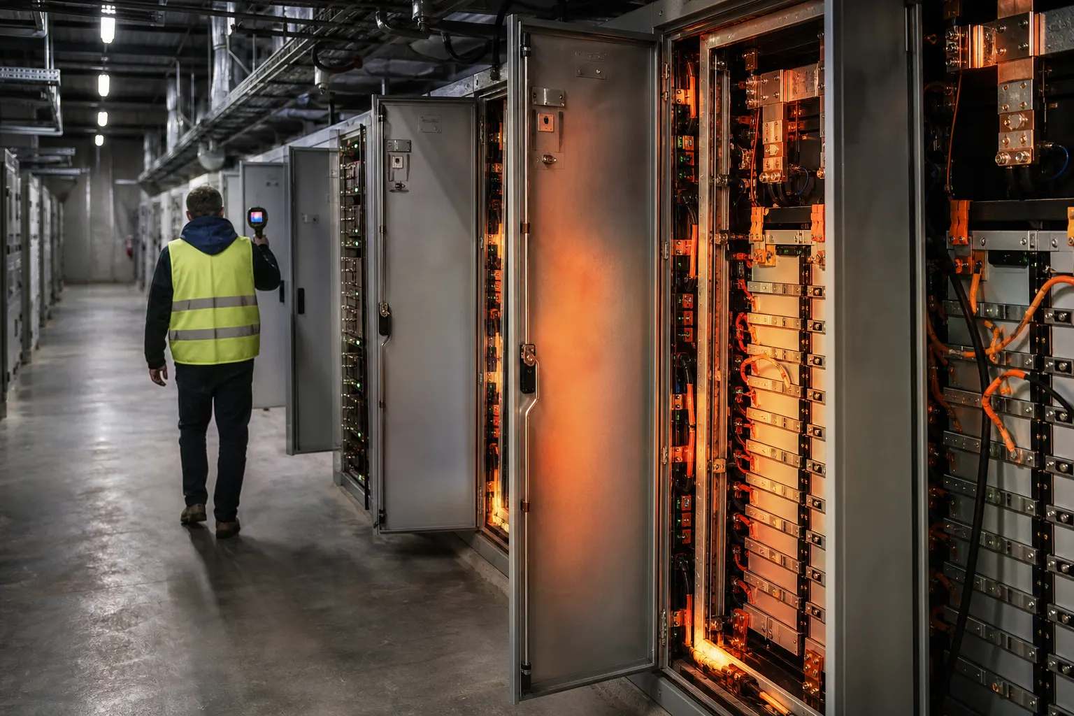 A data-center lithium battery aisle of tall UPS cabinets under industrial light, a technician scanning a warm cabinet with a thermal camera