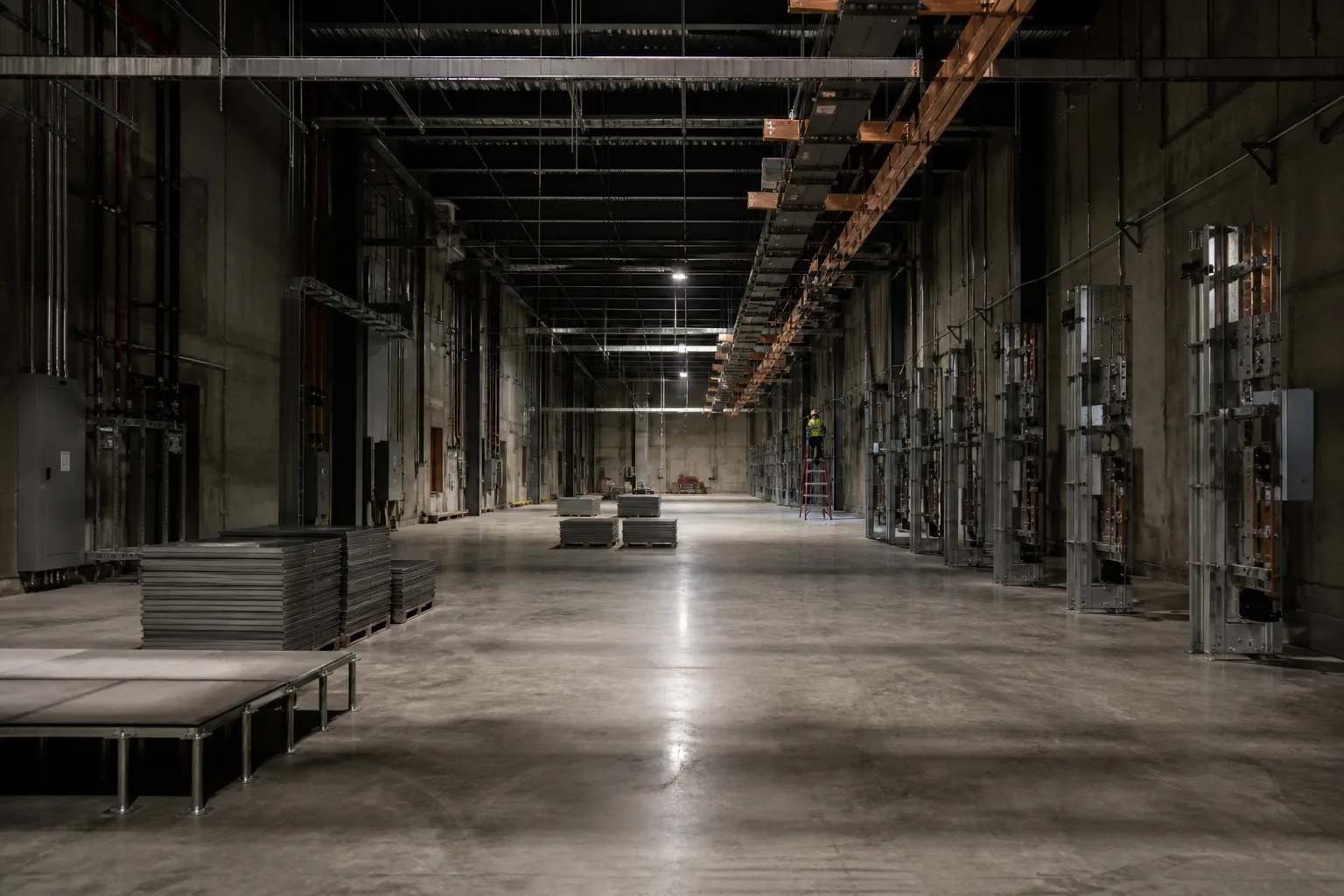 Night interior of a half-built data-center hall with stacked floor tiles, unconnected copper busbars, and one electrician under temporary work lights