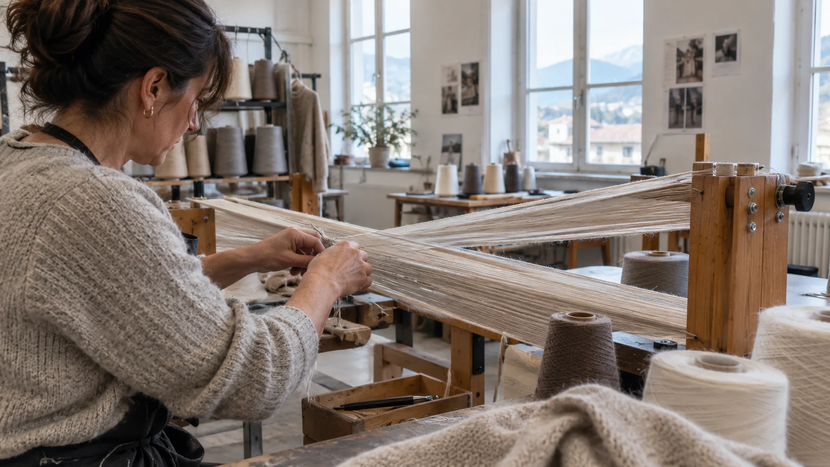 Hands linking cashmere yarn on a wooden frame in a bright Italian knitwear atelier