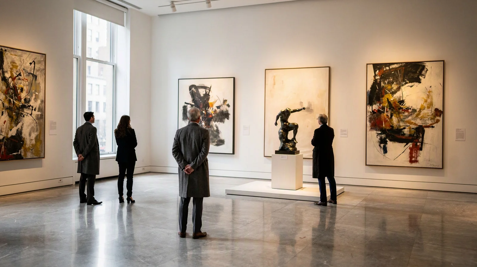 Visitors study abstract paintings and a bronze sculpture in a bright Manhattan gallery