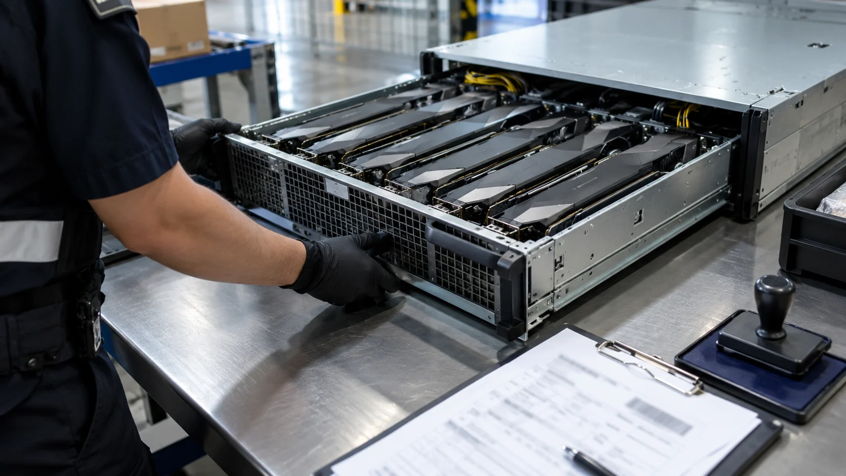 Opened server drawer on a customs bench beside blurred air-waybill paperwork