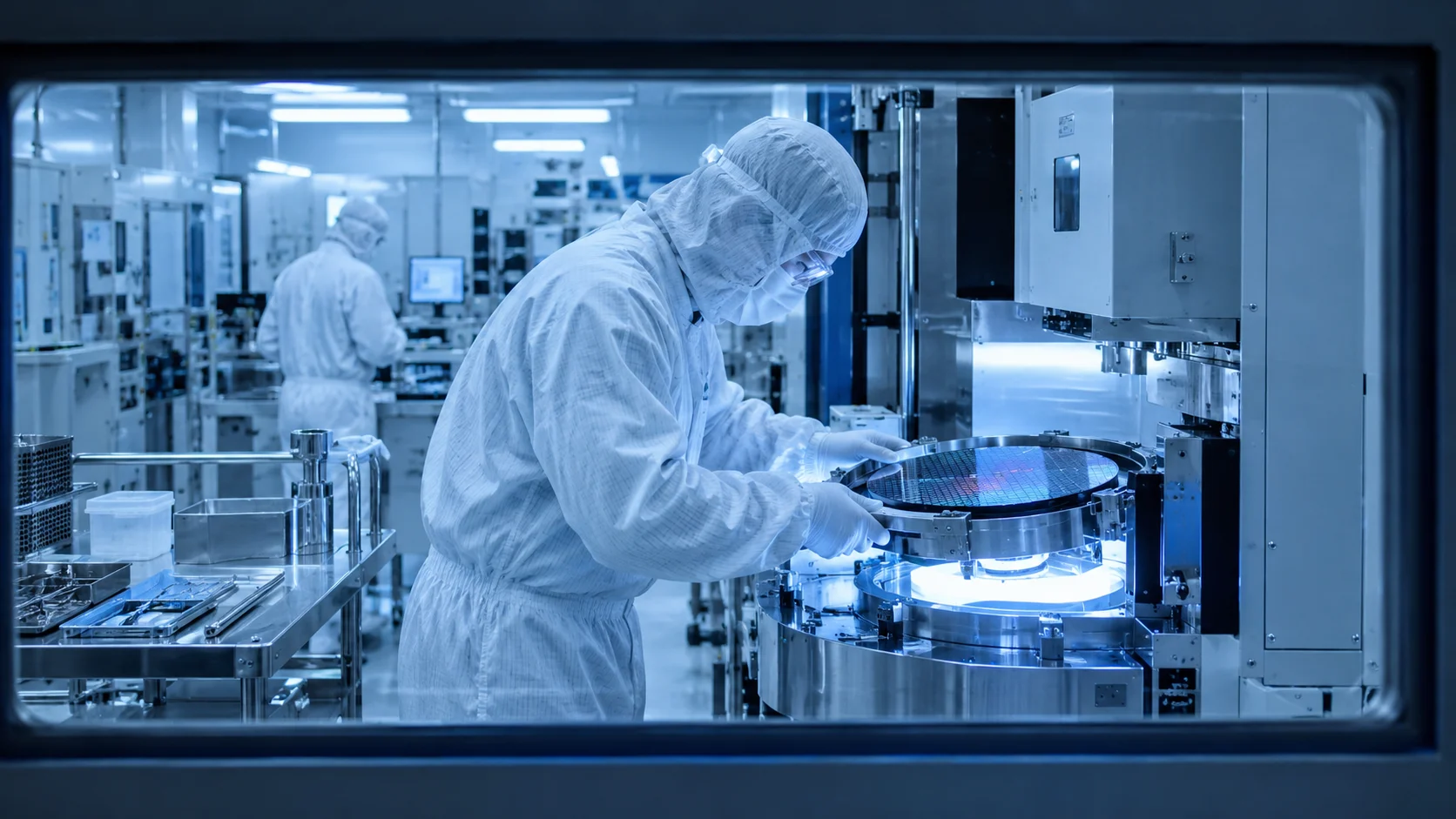 Through an observation window into a semiconductor fabrication cleanroom, technicians in bunny suits align a silicon wafer carrier on a lit processing bay