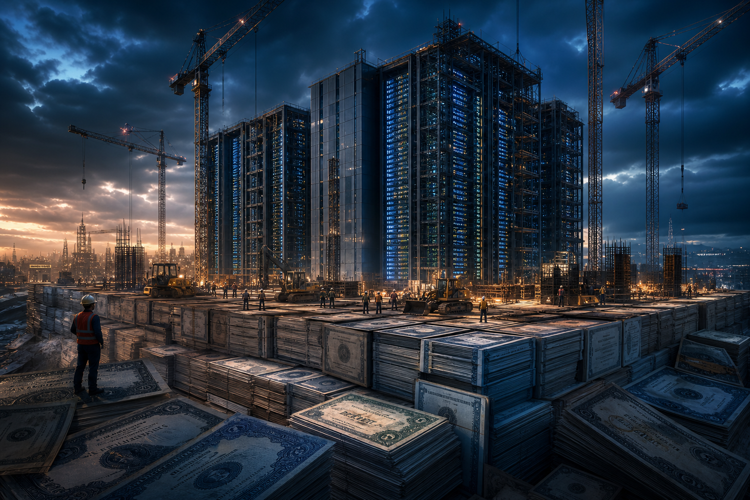 Massive AI data center under construction with foundations built from stacked debt documents and bond certificates