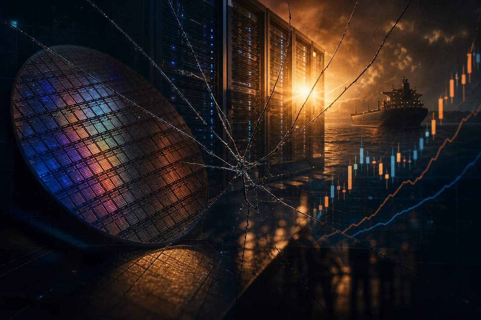Semiconductor wafer and AI servers reflected through a fractured market screen