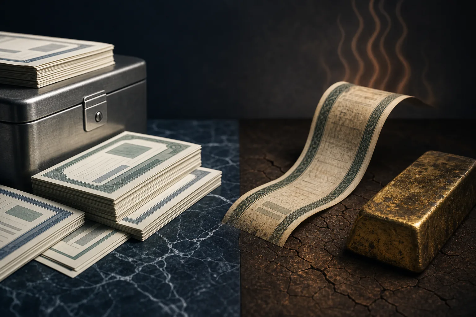 Short-term cash instruments beside a bending long bond and a dimmed gold bar