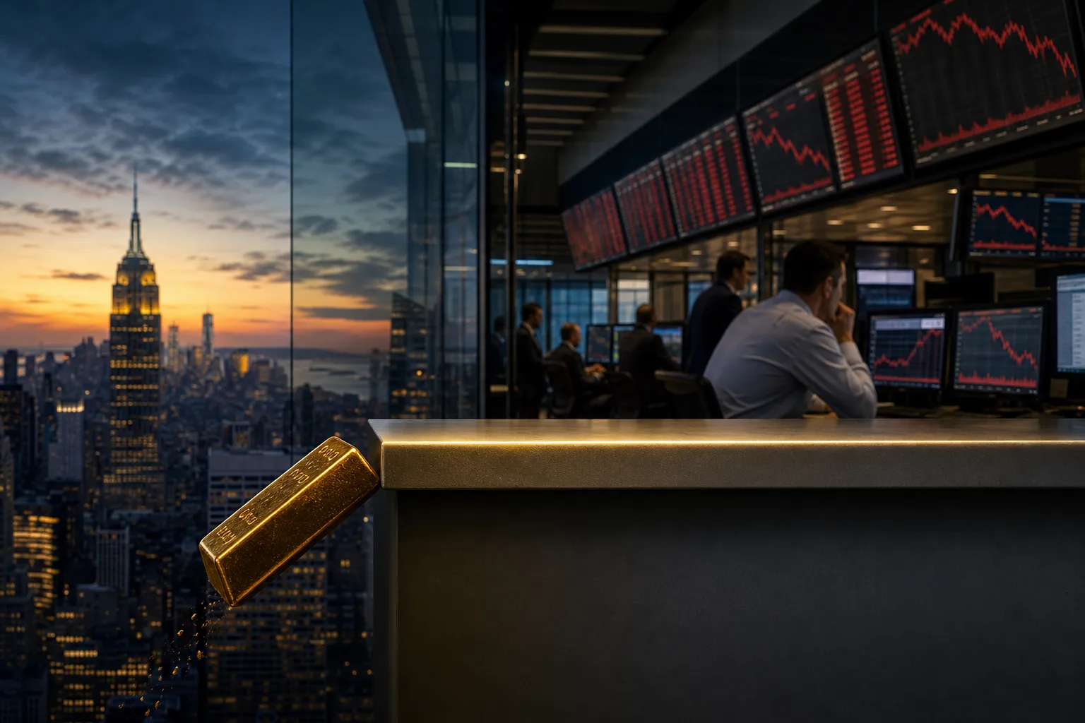 Gold bar slipping from a trading-floor ledge as red market screens glow over Manhattan
