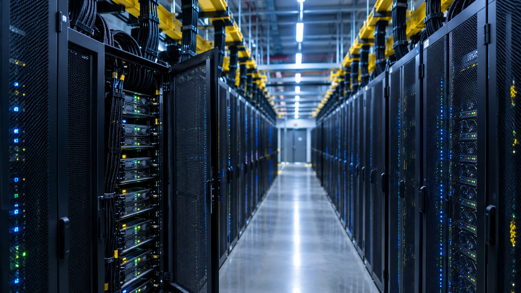 Cool LED aisle between rows of GPU server racks in a hyperscale data hall, braided power cables and open rack door with status lights