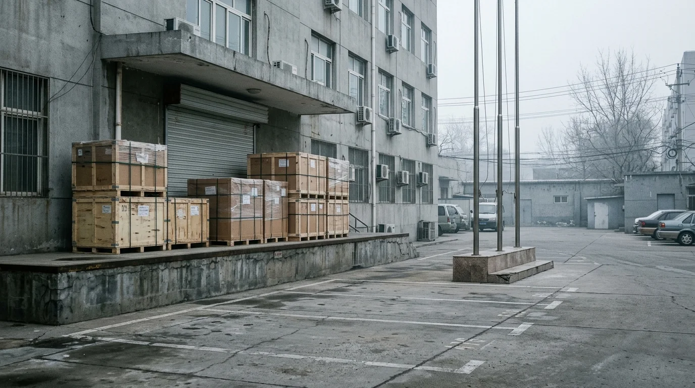 Overcast morning at a Beijing statistics compound loading dock with sealed yearbook crates and empty flagpoles