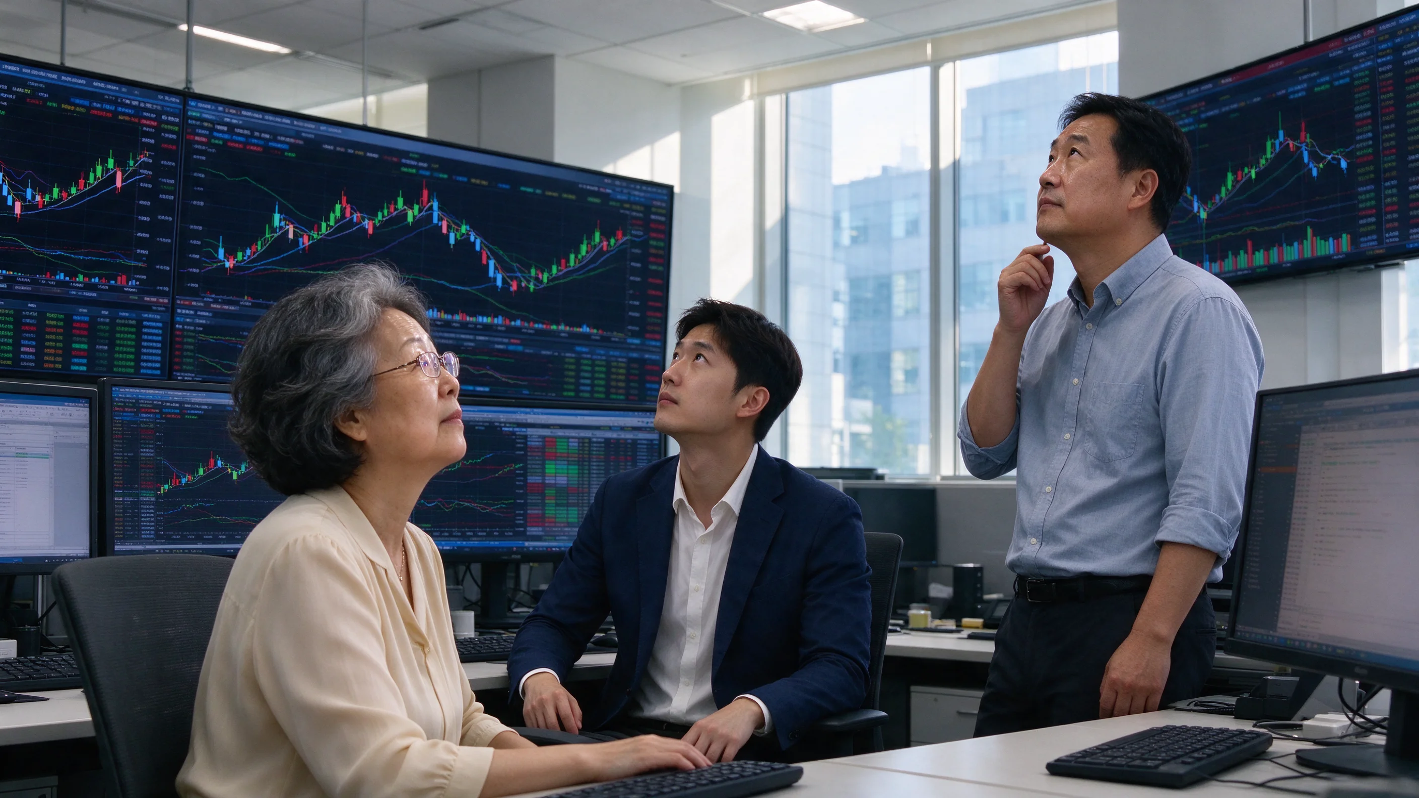 Bright afternoon inside a Seoul brokerage trading room with three traders watching wall monitors showing stock charts