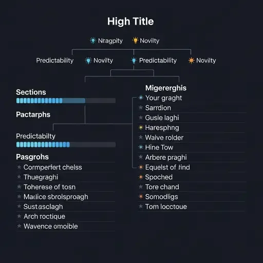 A dashboard-like figure showing a hierarchy: title, sections, paragraphs, sentences, all annotated with cues about predictability and novelty