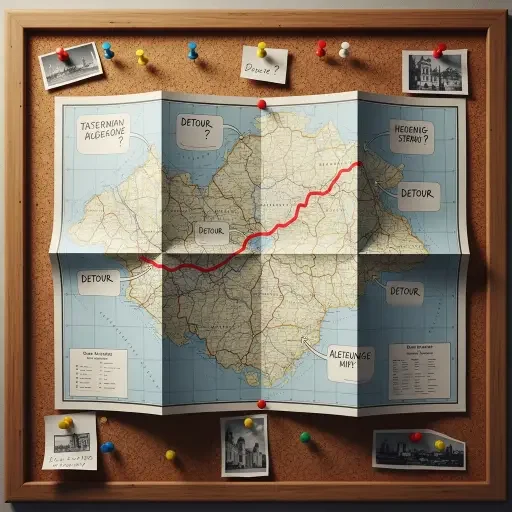 A folded map pinned to a corkboard, with a single route highlighted but multiple detours sketched in the margins