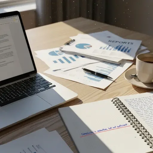 A sunlit desk strewn with reports, a laptop, a notebook where a single sentence is underlined: “Simplicity is seductive, but not sufficient