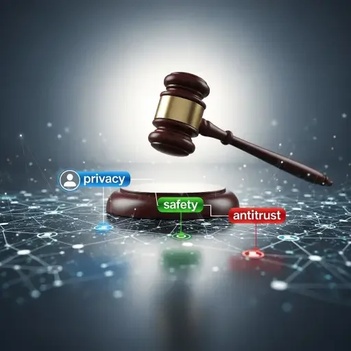 Regulatory gavel hovering over stylized social network graph with node labels: privacy, safety, antitrust
