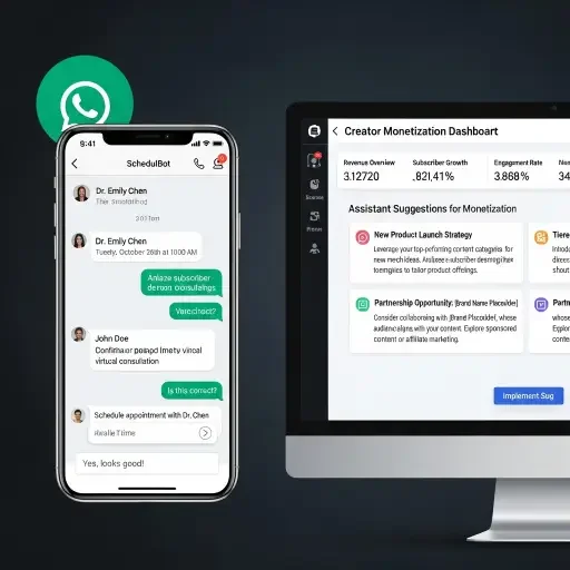Split-screen: left, a WhatsApp-style agent demo automating scheduling; right, a creator monetization panel with assistant suggestions