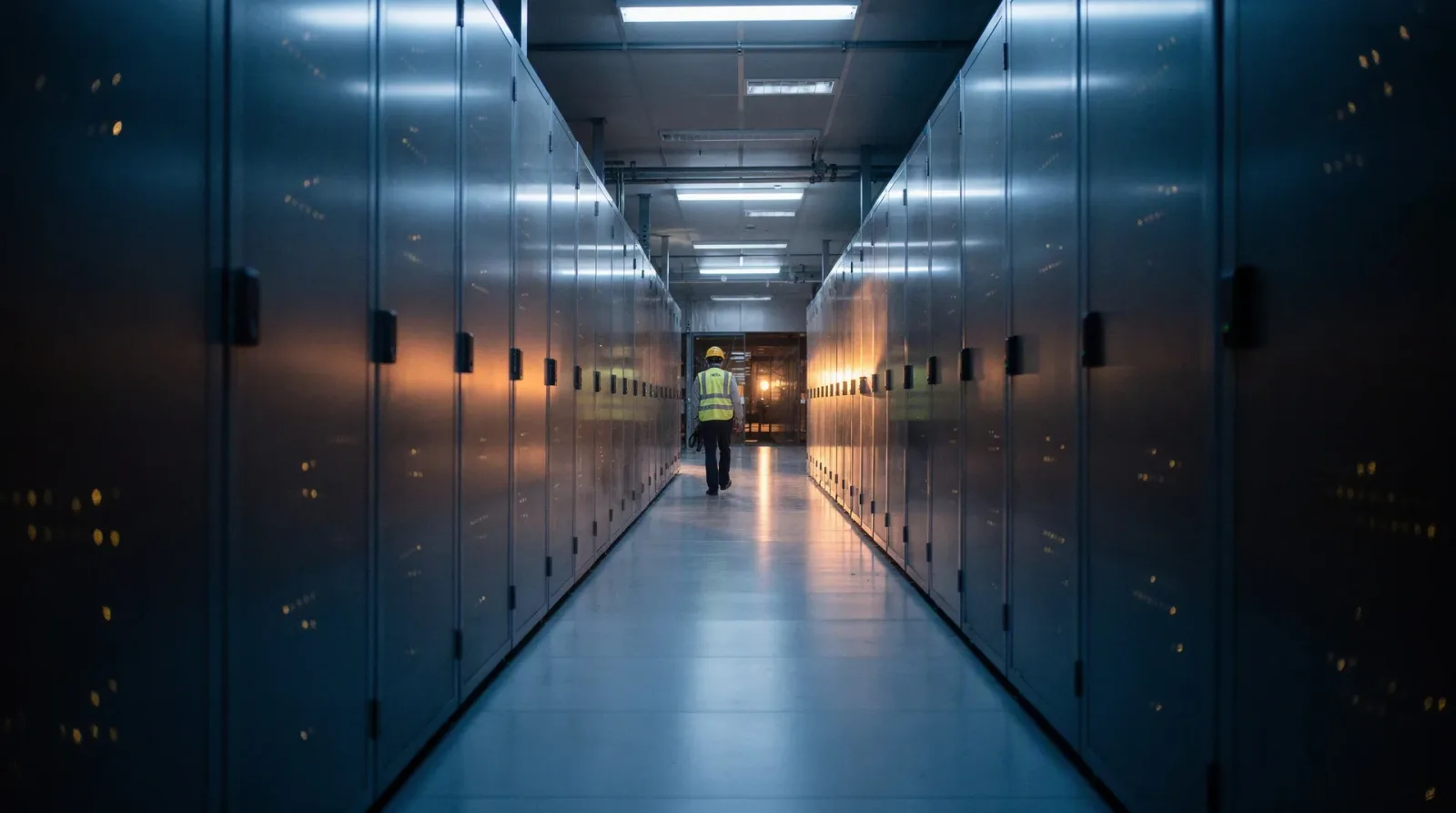 Blue-hour cold aisle in a hyperscale data hall, a lone engineer in a hard hat walking between endless server rack doors