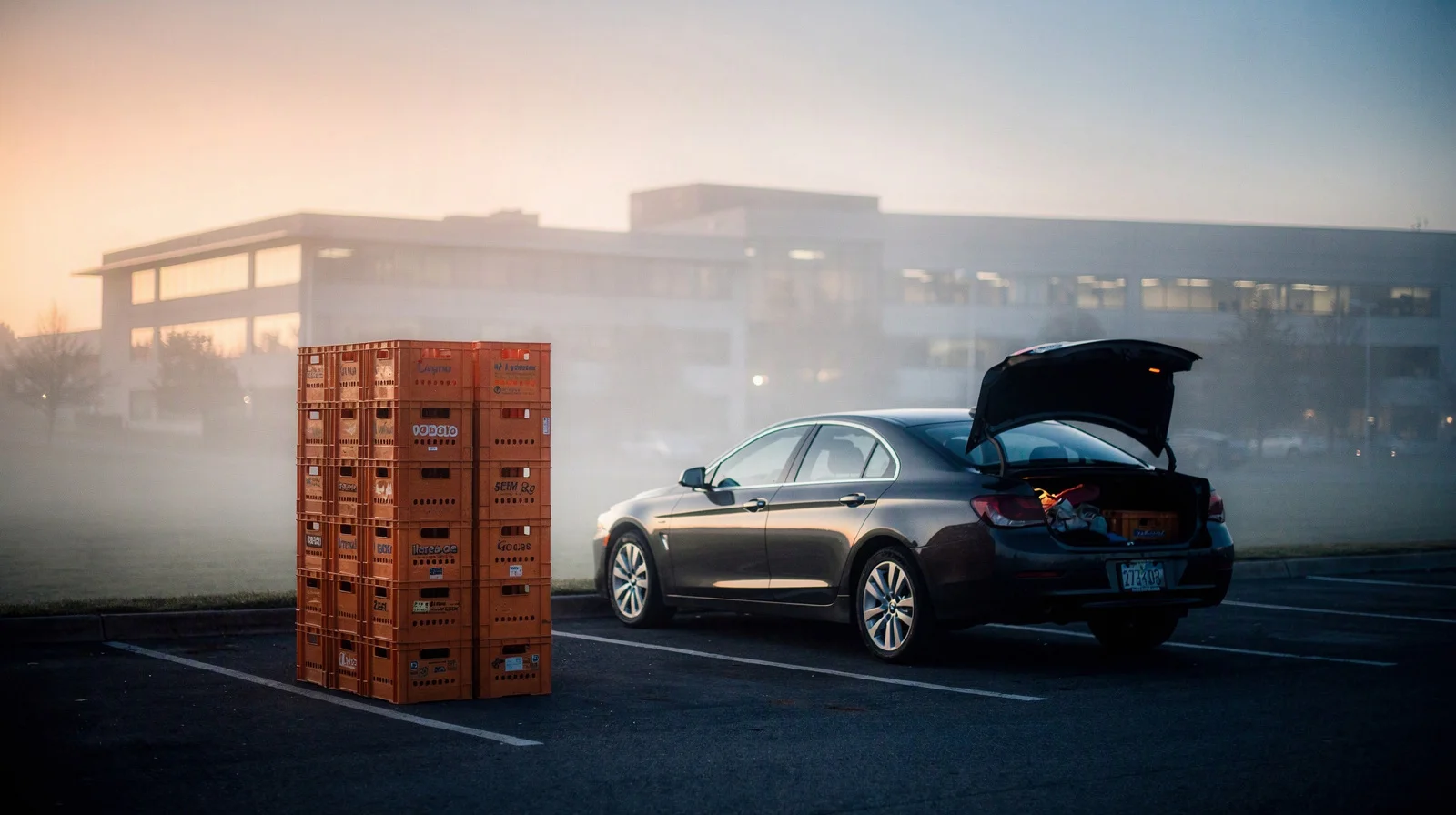 Orange moving crates stacked beside a sedan with an open trunk in a foggy corporate campus parking lot at dawn