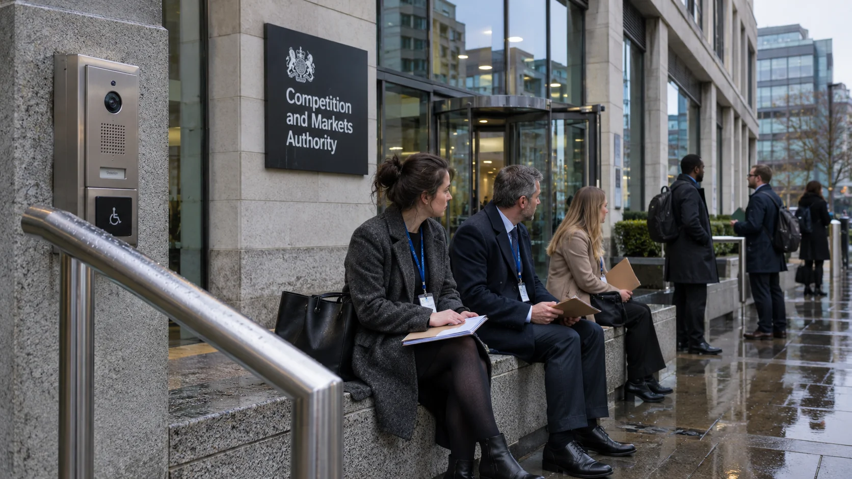 Publishers waiting on a stone bench outside a UK competition authority building, petition folders in hand