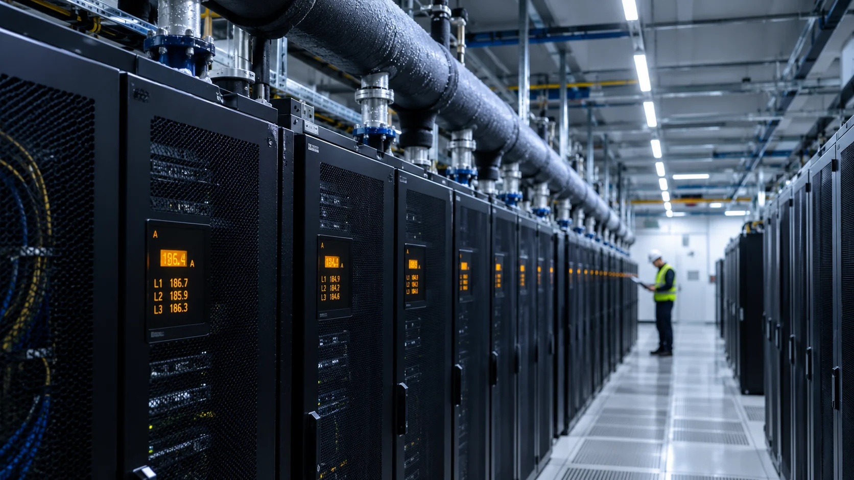 Row of GPU racks with amber PDU ammeters and overhead chilled-water manifolds in a newly energized AI data hall