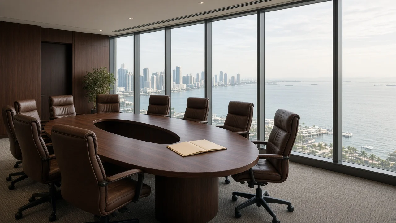 Brickell Bay conference room with horseshoe seating facing floor-to-ceiling glass and morning light on Biscayne Bay