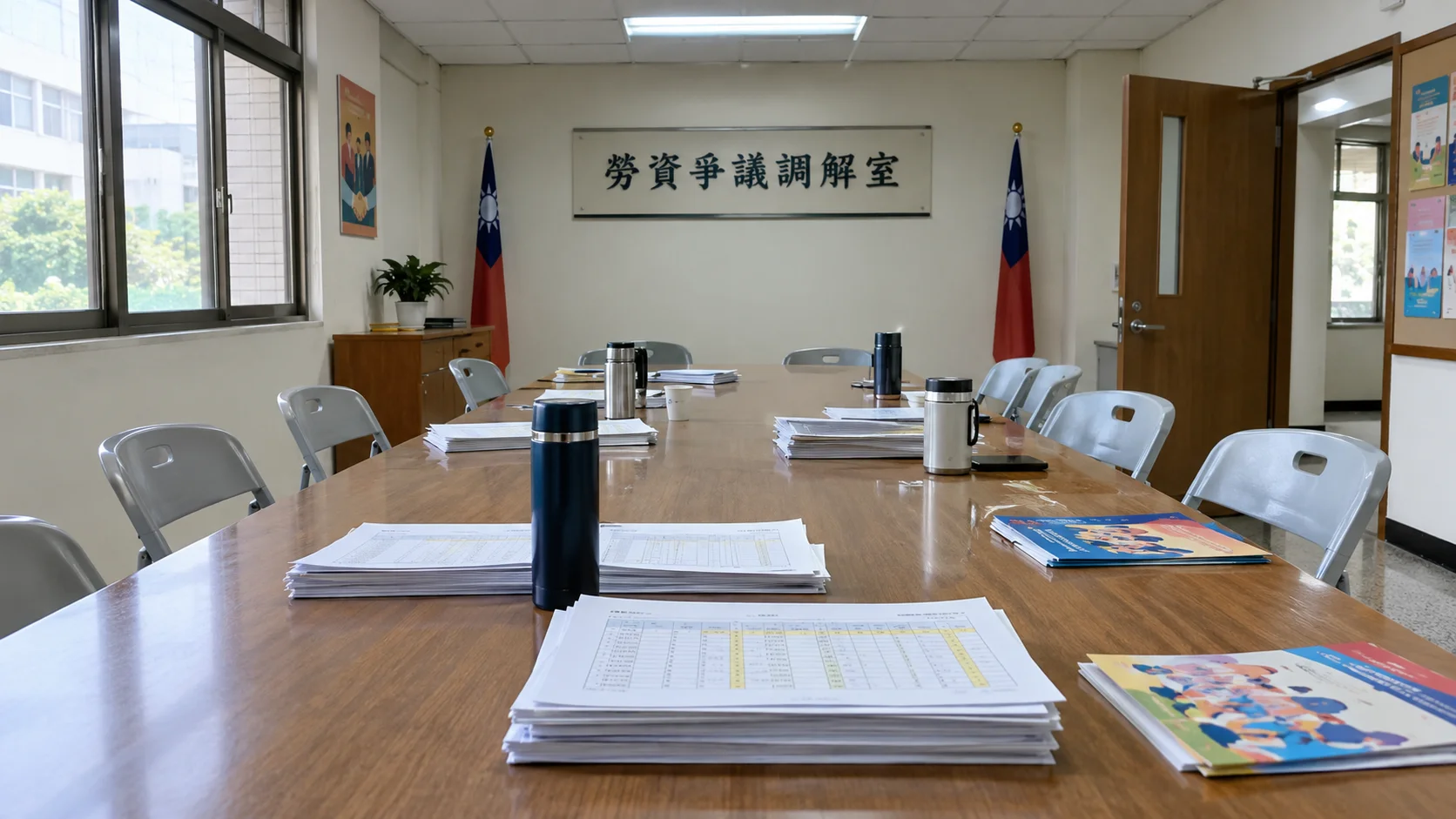 Afternoon in a labor mediation room with bonus spreadsheets and thermos cups on a long table and empty chairs pushed back