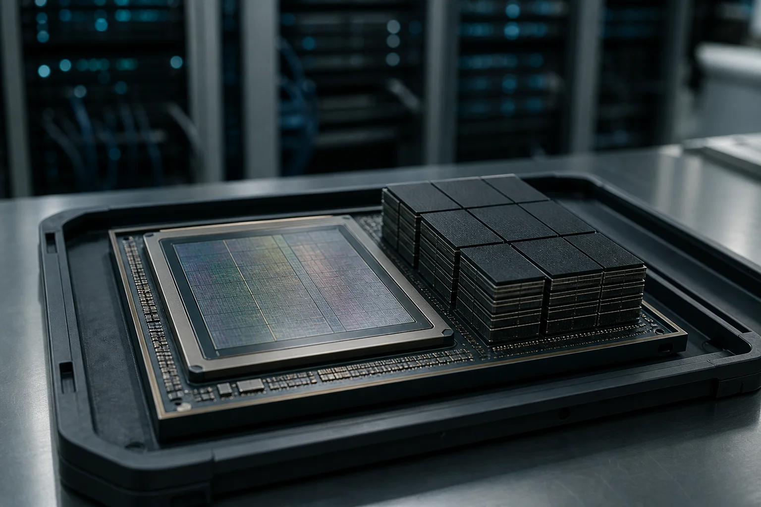Close view of an AI accelerator package bonding a logic die to stacked high-bandwidth memory on a substrate tray