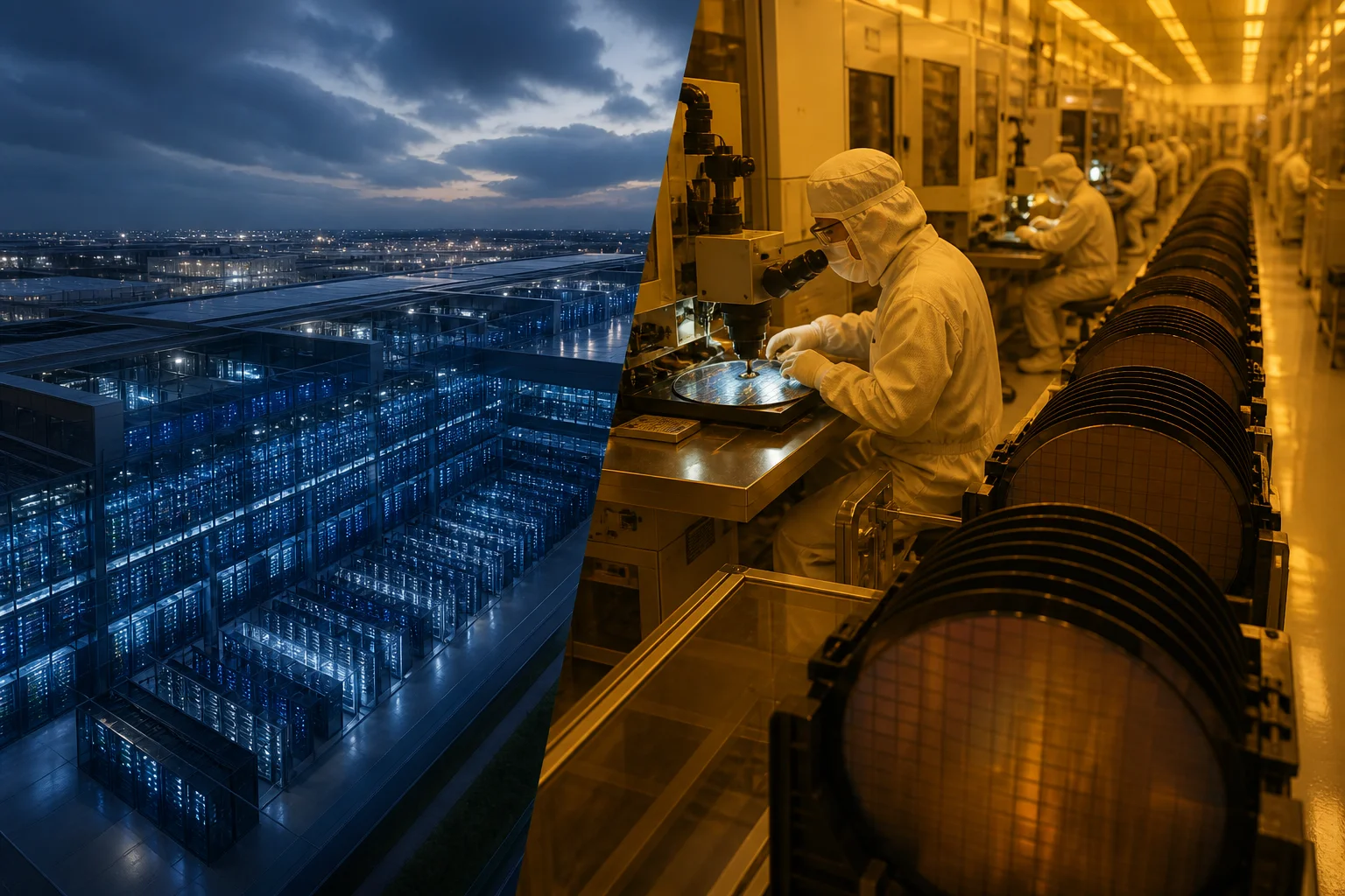Split view of a glowing hyperscale data center campus beside a CoWoS advanced packaging cleanroom with wafers queued under amber light