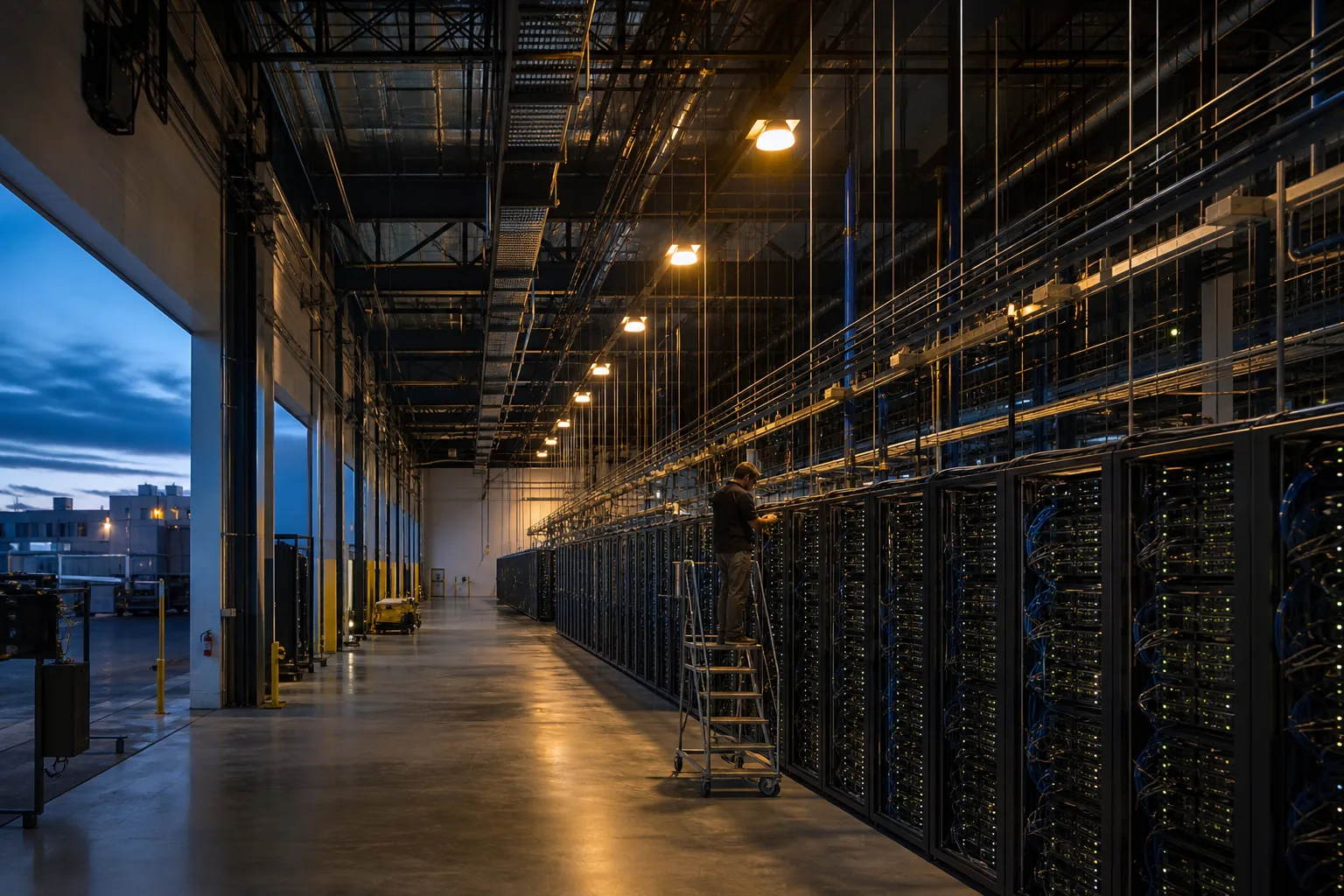 Interior of an AI data center hall with dense GPU server racks under amber high-bay lights and a solitary technician on a ladder