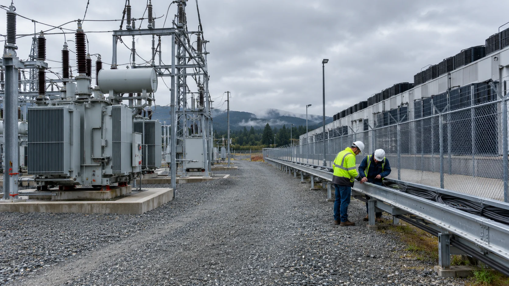 Ground-level view of a utility substation beside a fenced hyperscale data center yard, workers in hard hats inspecting a cable tray