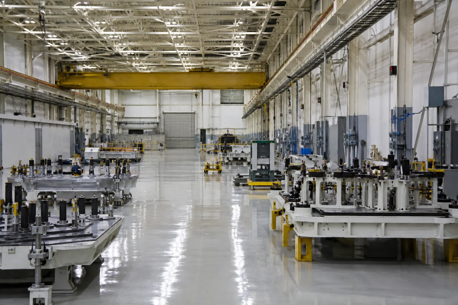 Precision aerospace assembly bay with empty tooling fixtures and overhead cranes, waiting for the next production lot under cool factory light