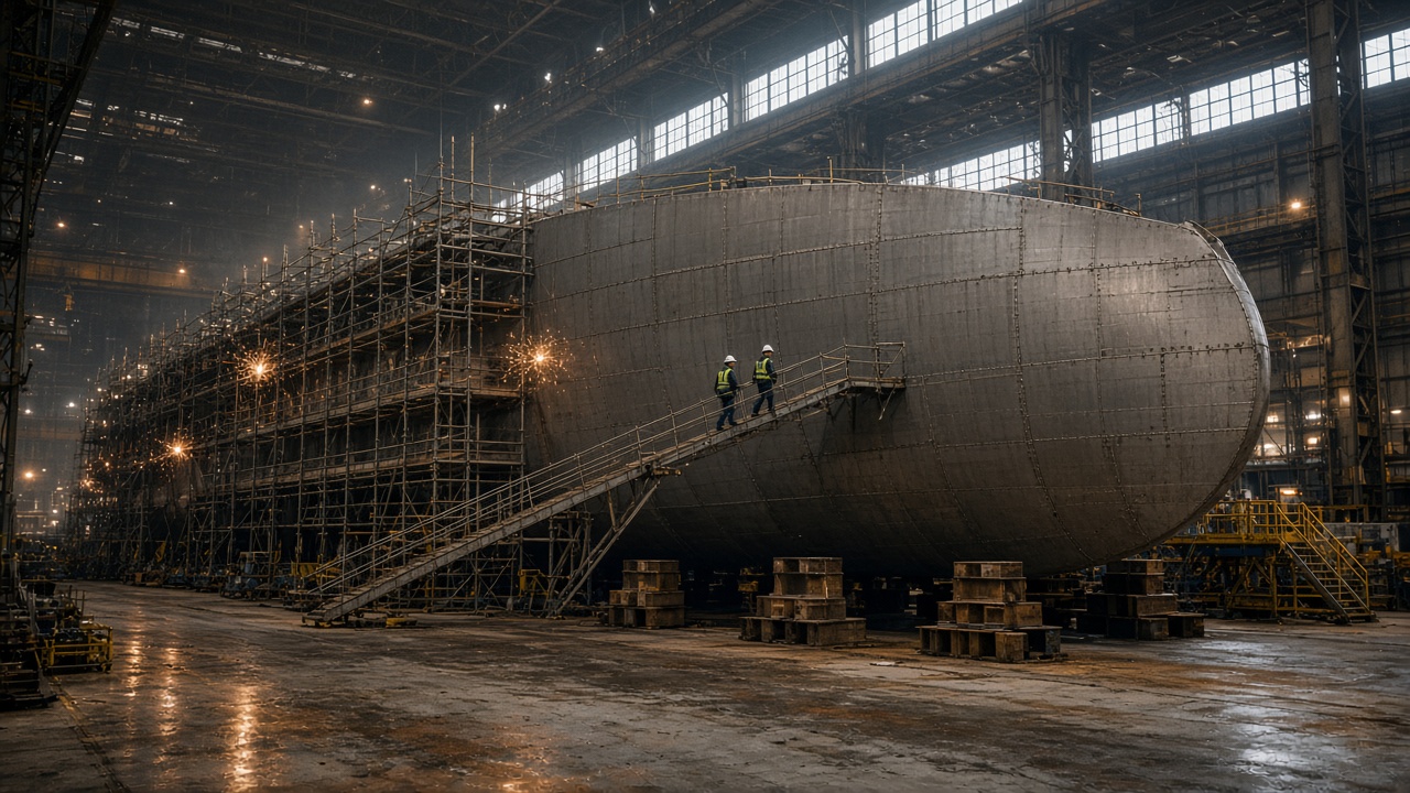Superyacht hull section on blocks inside a build hall, welders and scaffolding dwarfed by curved steel plates