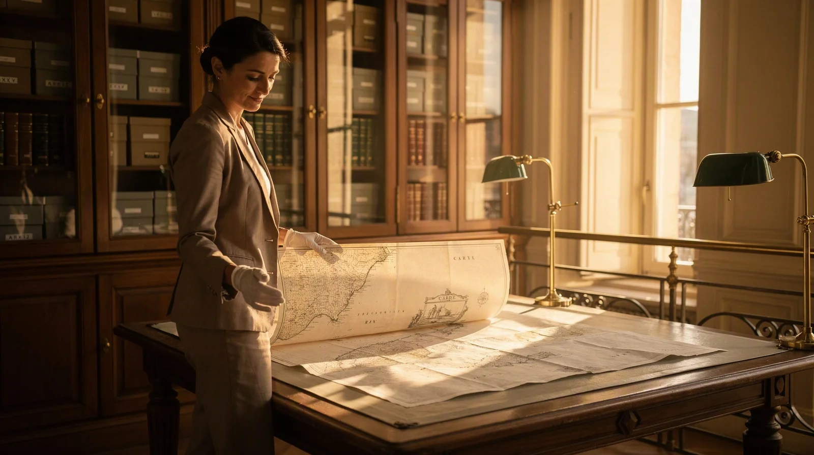 A conservator in white gloves examines a historic map in a sunlit archive library