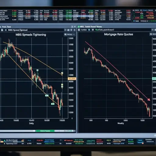 A trader's screen shows MBS spreads tightening as mortgage rate quotes decline