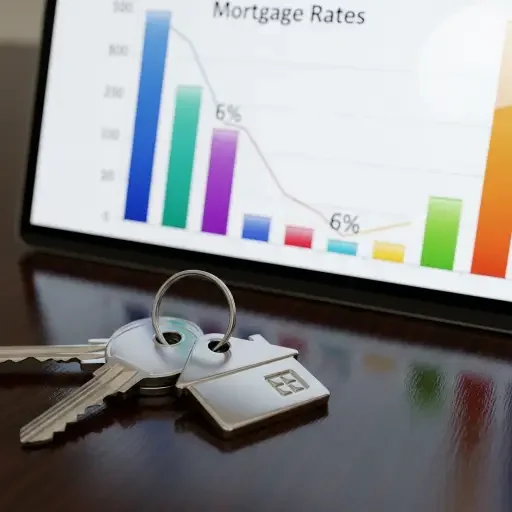 Close-up of house keys and a mortgage rate chart on a laptop screen showing rates dipping below six percent.