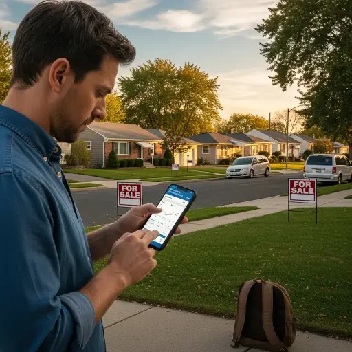 Suburban street with for-sale signs; a modest buyer looks at a smartphone mortgage calculator
