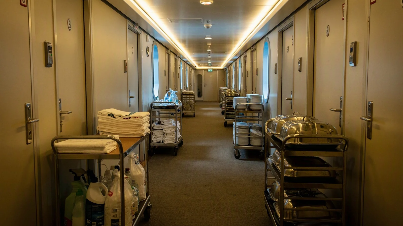 Housekeeping carts and meal-service racks staged along a cruise-ship corridor outside rows of identical cabin doors, lit by portholes and warm ship lighting