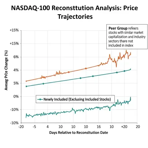 Comparison chart showing price trajectories of newly included Nasdaq-100 stocks vs peers during reconstitution window