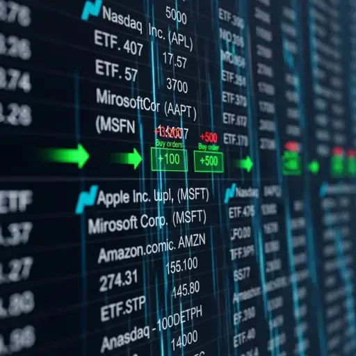 ETF ticker streams with Nasdaq-100 constituent names and buy orders visualized