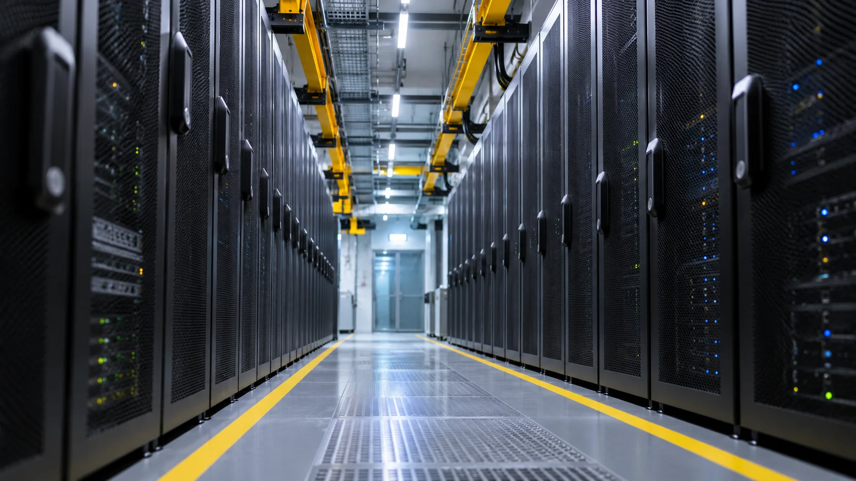 Rows of black GPU server cabinets in a chilled data hall with overhead busway and yellow safety floor markings