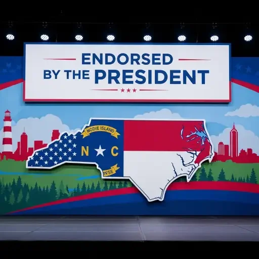A campaign rally backdrop in North Carolina with a President endorsement banner