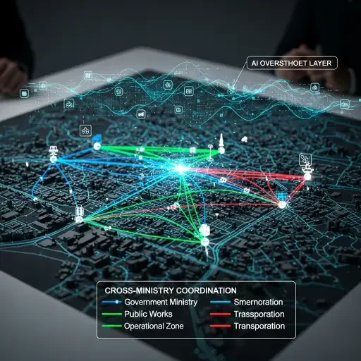 A city-scale demonstration map showing cross-ministry coordination lines and an AI oversight layer