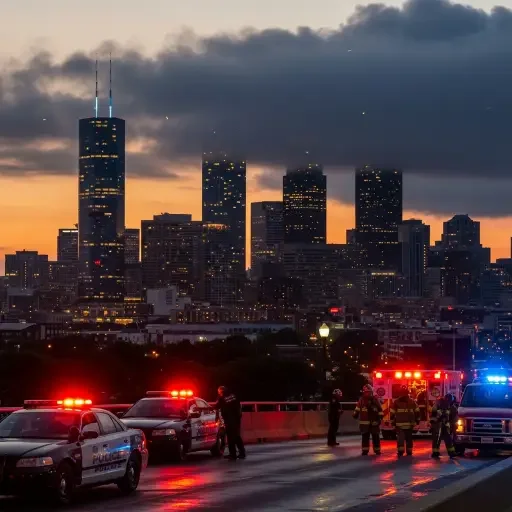 A city skyline at dusk with outage indicators flickering over downtown and emergency responders in the foreground